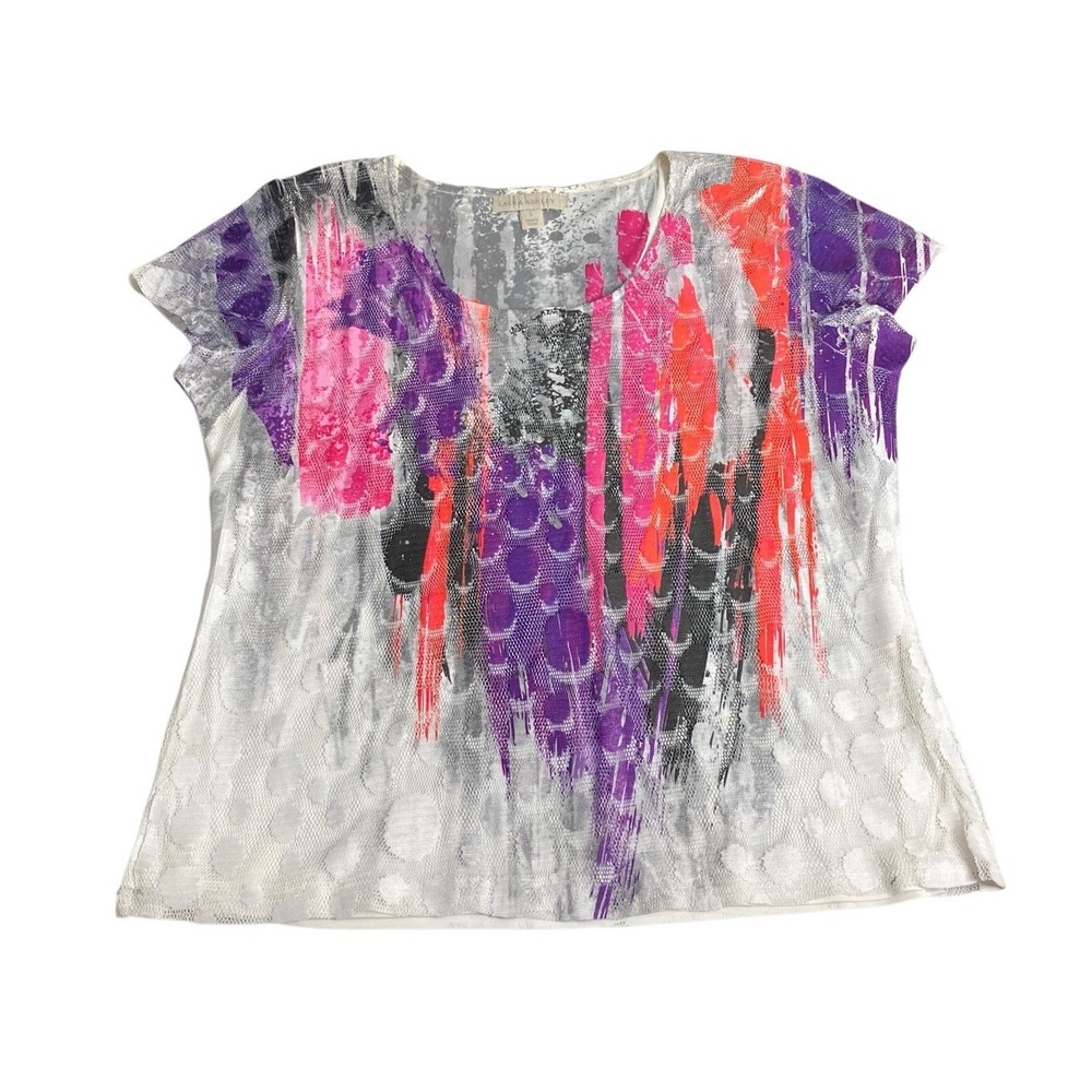 Laura Ashley Top Womens L Colorful Circle Watercolor Mesh Overlay Short Sleeve